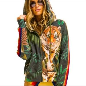 Aviator Nation Green Velvet Jungle Tiger Zippered hoodie ‘S’ 🐯🌈